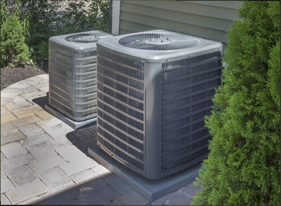 HVAC service truck and equipment at residential home